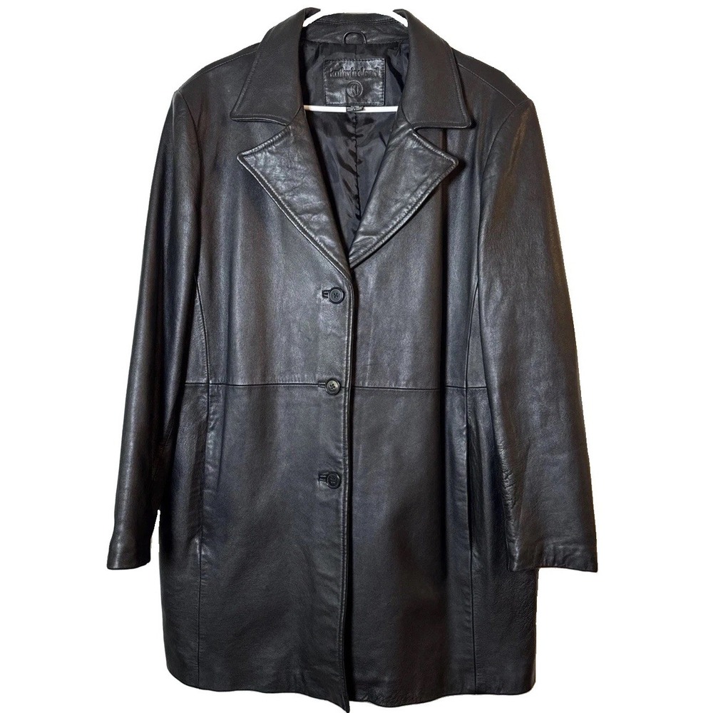 VTG Kathy Ireland Womens XL Black Genuine Leather Blazer Car Coat Jacket